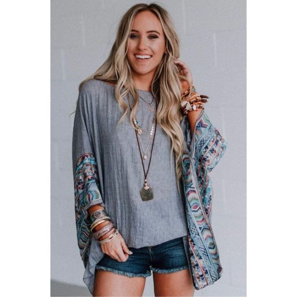 Fallon Tops - Fallon Embroidered Sleeve Poncho Gray One Size